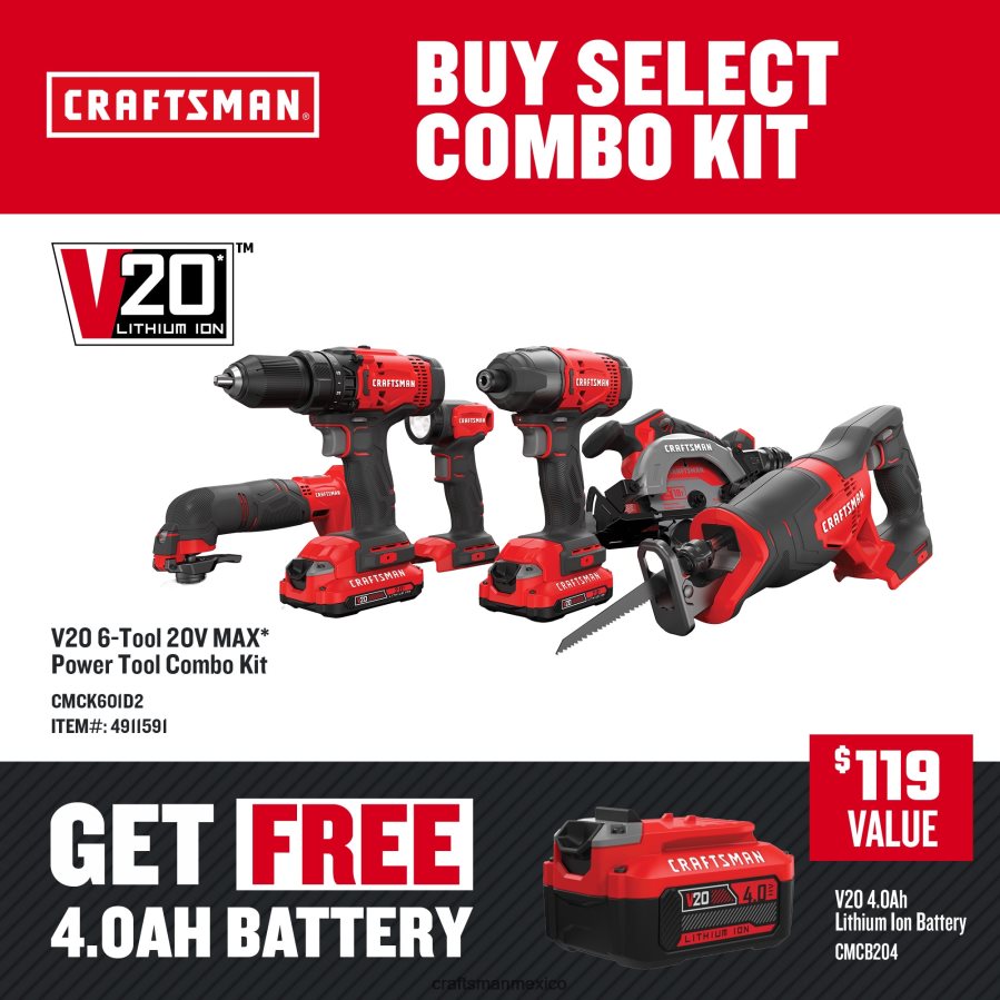Herramientas eléctricas mx CRAFTSMAN Kit combinado de herramientas eléctricas de 6 herramientas con estuche blando (2 baterías incluidas y cargador incluido) V6B4N21
