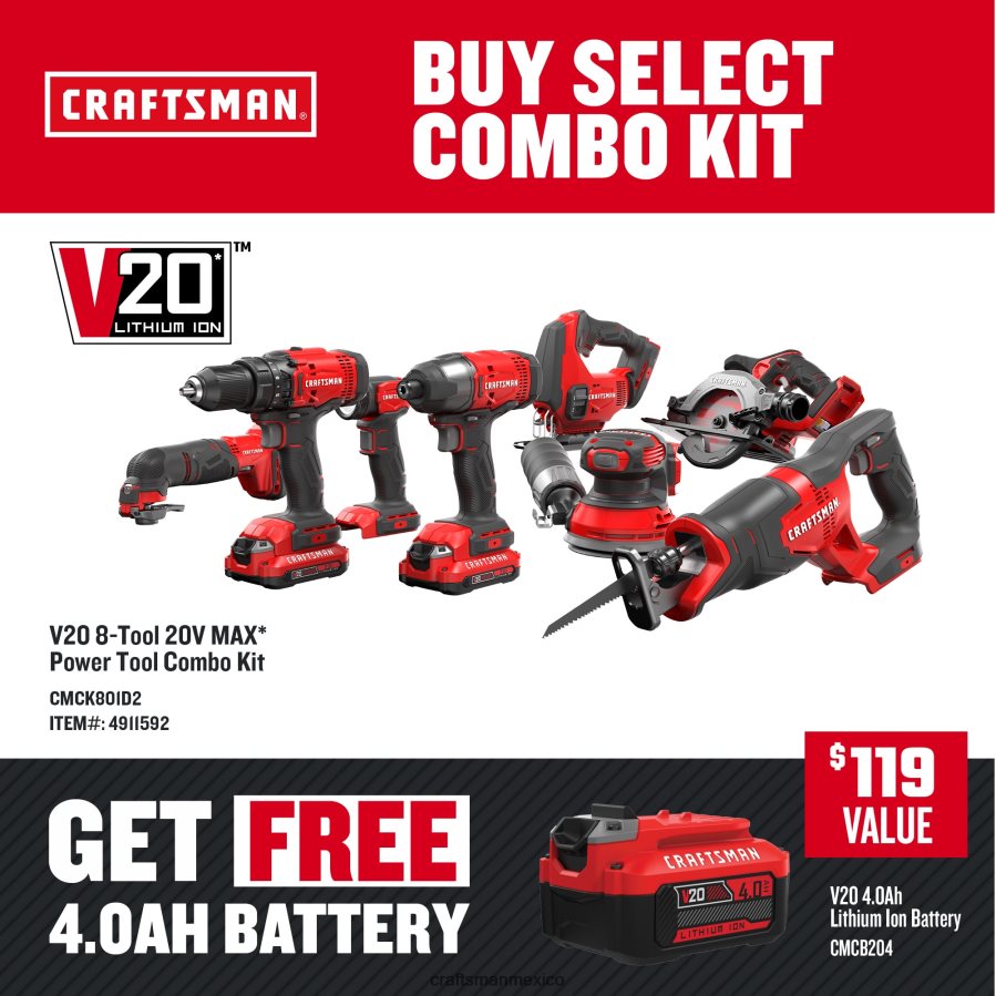 Herramientas eléctricas mx CRAFTSMAN Kit combinado de herramientas eléctricas de 8 herramientas con estuche blando (2 baterías incluidas y cargador incluido) V6B4N24