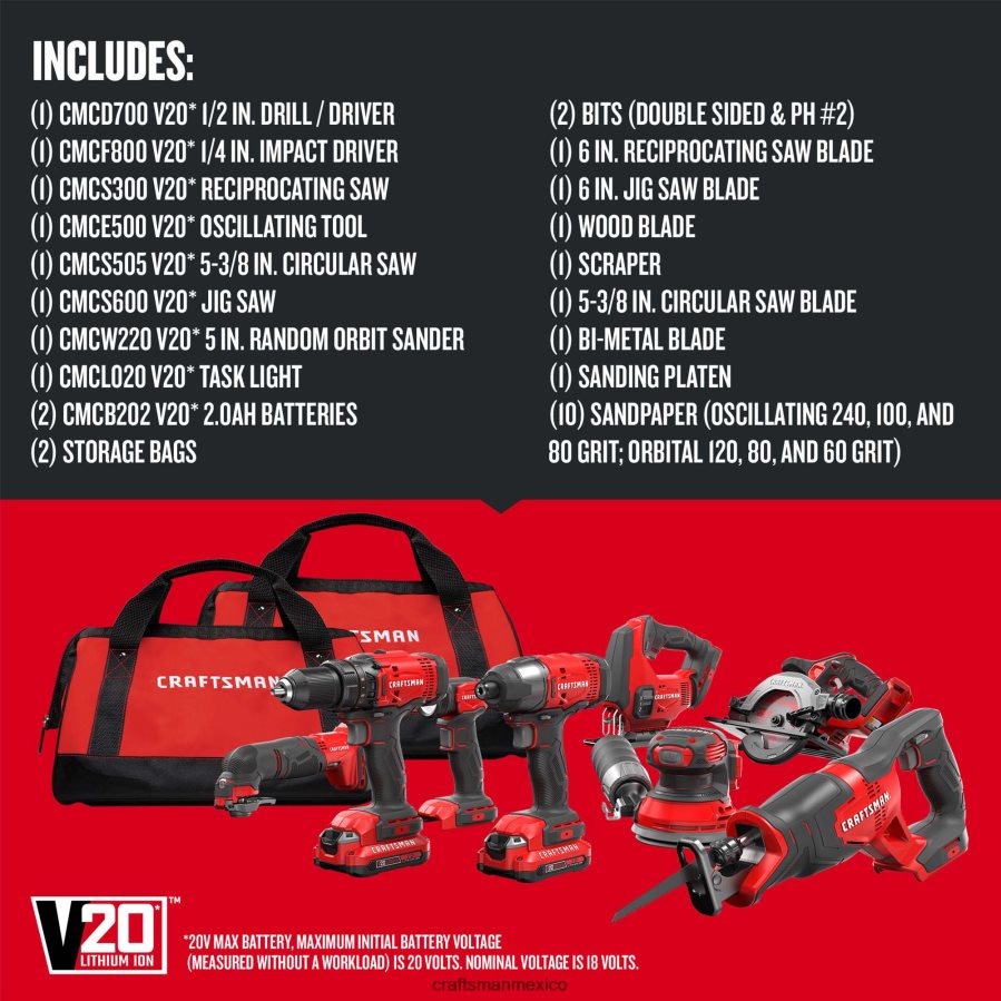 Herramientas eléctricas mx CRAFTSMAN Kit combinado de herramientas eléctricas de 8 herramientas con estuche blando (2 baterías incluidas y cargador incluido) V6B4N24