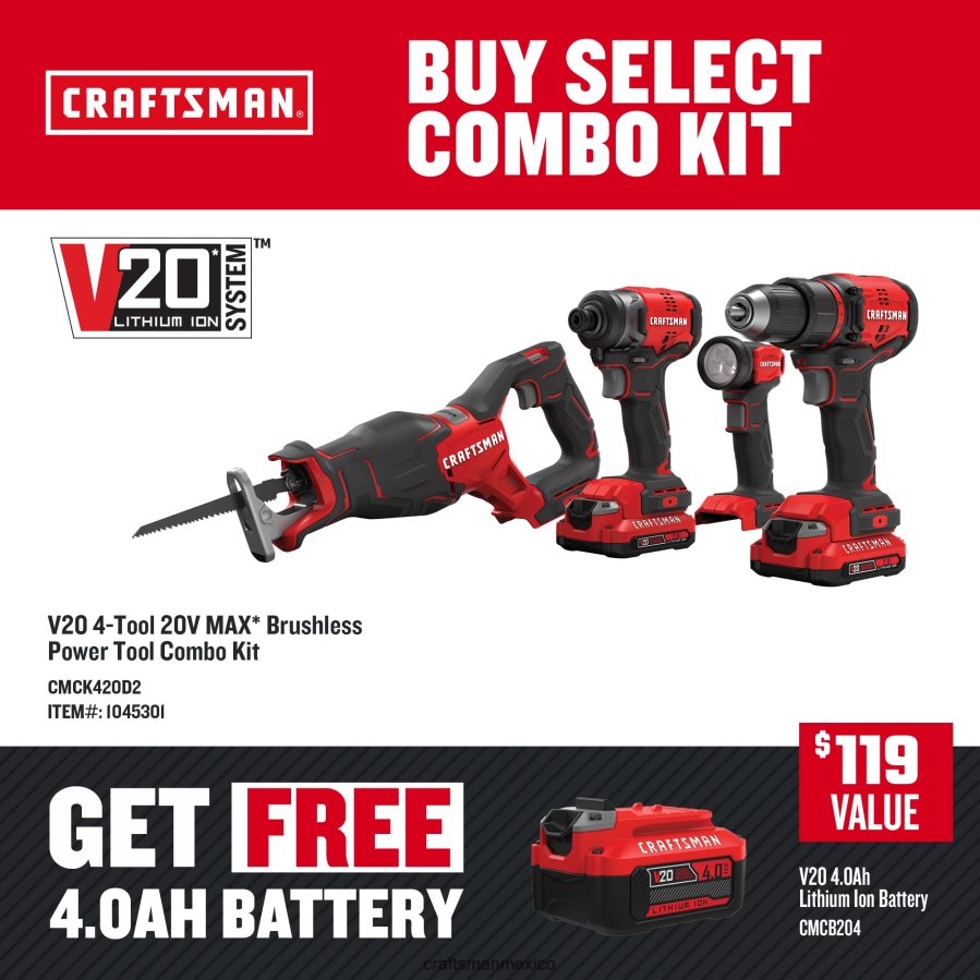 Herramientas eléctricas mx CRAFTSMAN Kit combinado de herramientas eléctricas sin escobillas de 4 herramientas con estuche blando (2 baterías incluidas y cargador incluido) V6B4N232