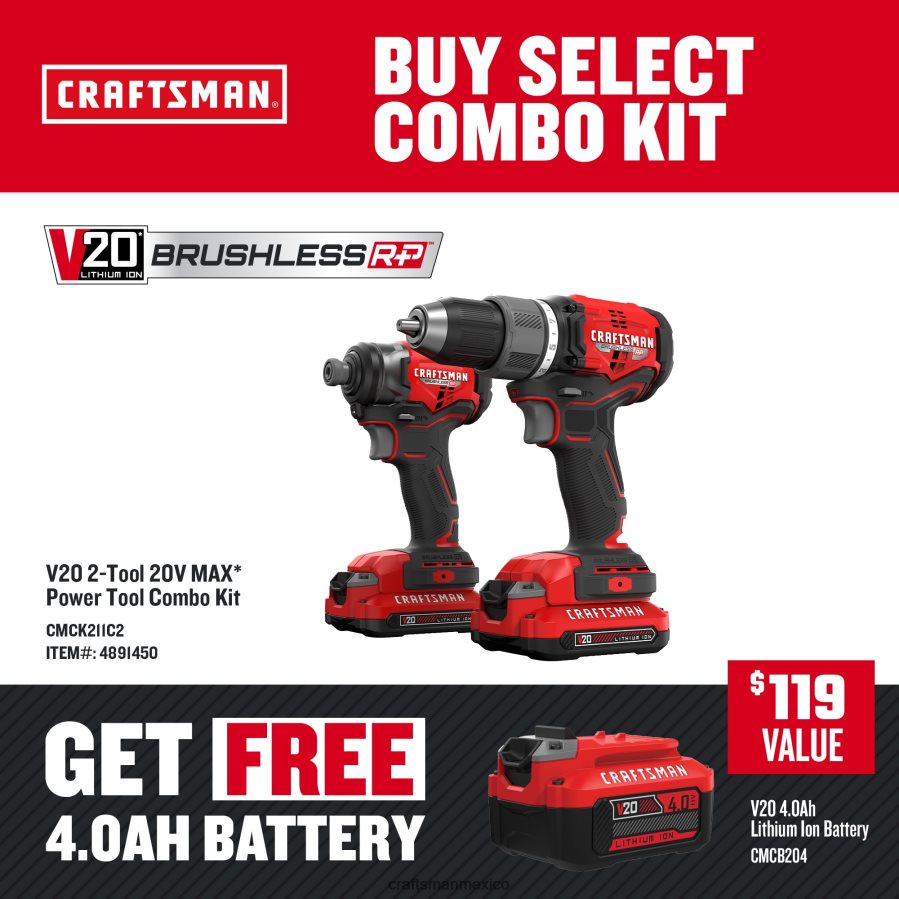 Herramientas eléctricas mx CRAFTSMAN Kit combinado de herramientas eléctricas sin escobillas v20 rp de 2 herramientas con estuche blando (2 baterías incluidas y cargador incluido) V6B4N214
