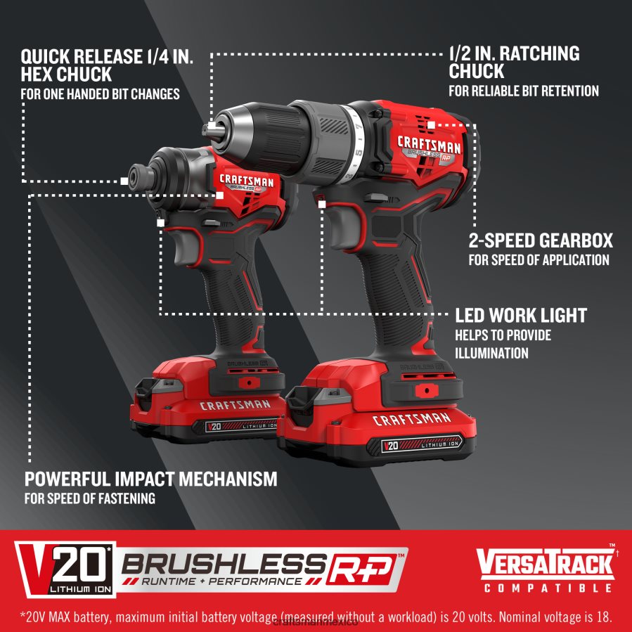 Herramientas eléctricas mx CRAFTSMAN Kit combinado de herramientas eléctricas sin escobillas v20 rp de 2 herramientas con estuche blando (2 baterías incluidas y cargador incluido) V6B4N214