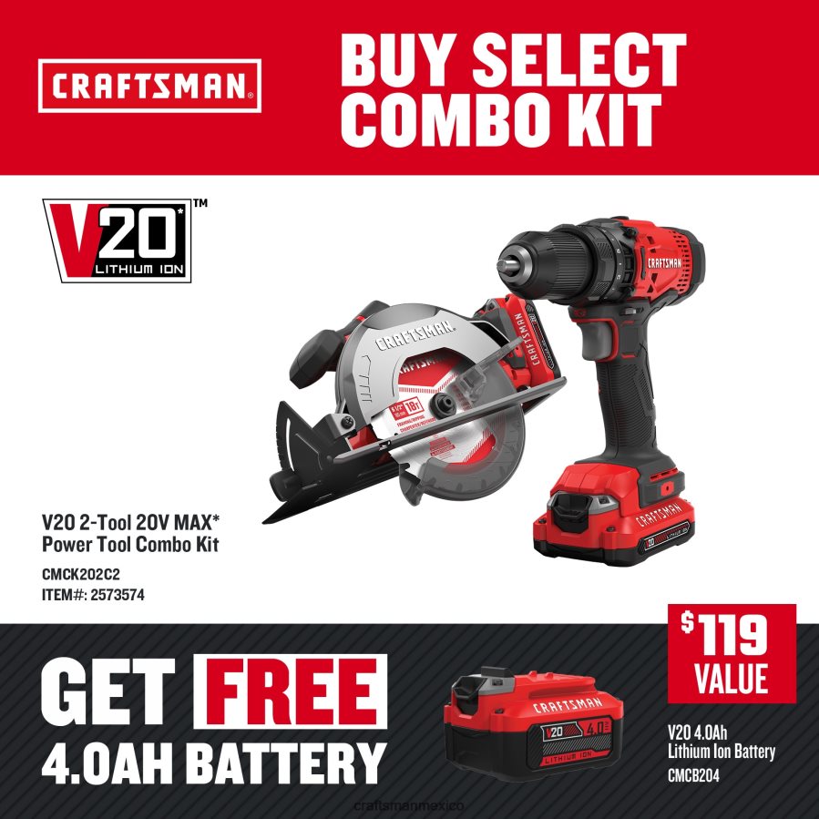 Herramientas eléctricas mx CRAFTSMAN Kit combinado de herramientas eléctricas v20 de 2 herramientas (2 baterías incluidas y cargador incluido) V6B4N211