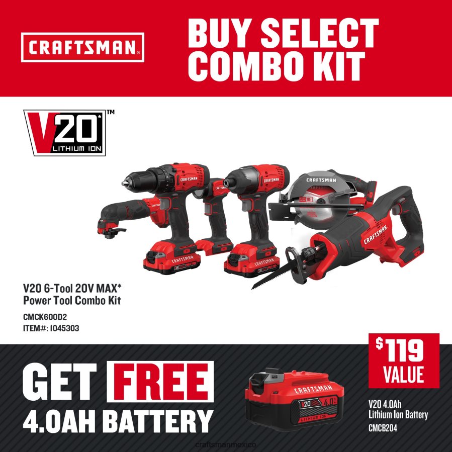 Herramientas eléctricas mx CRAFTSMAN Kit combinado de herramientas eléctricas v20 de 6 herramientas con estuche blando (2 baterías incluidas y cargador incluido) V6B4N26