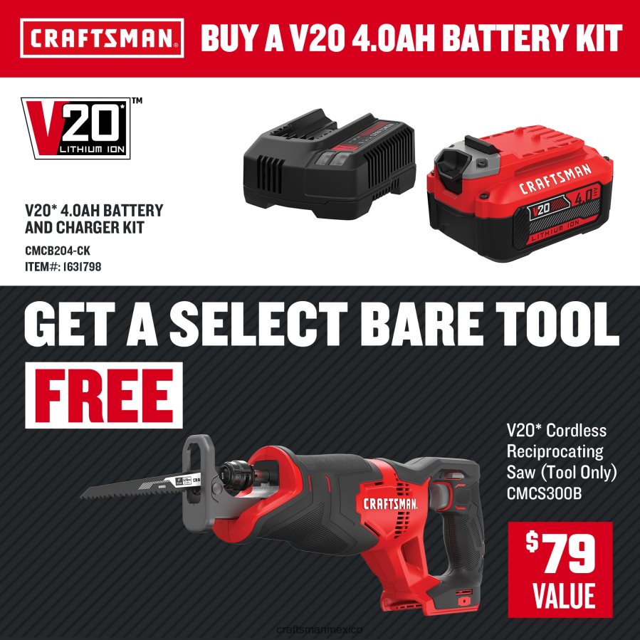 Herramientas eléctricas mx CRAFTSMAN Sierra recíproca inalámbrica v20 de velocidad variable máxima de 20 voltios (herramienta básica) V6B4N233