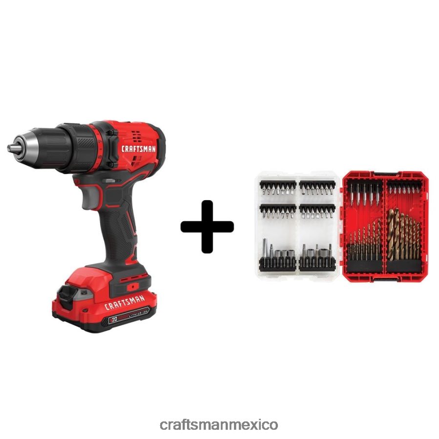Herramientas eléctricas mx CRAFTSMAN Taladro inalámbrico sin escobillas v20 de 20 voltios máx. de 1/2 pulgada (1 batería incluida, cargador incluido y bolsa blanda incluida) V6B4N249