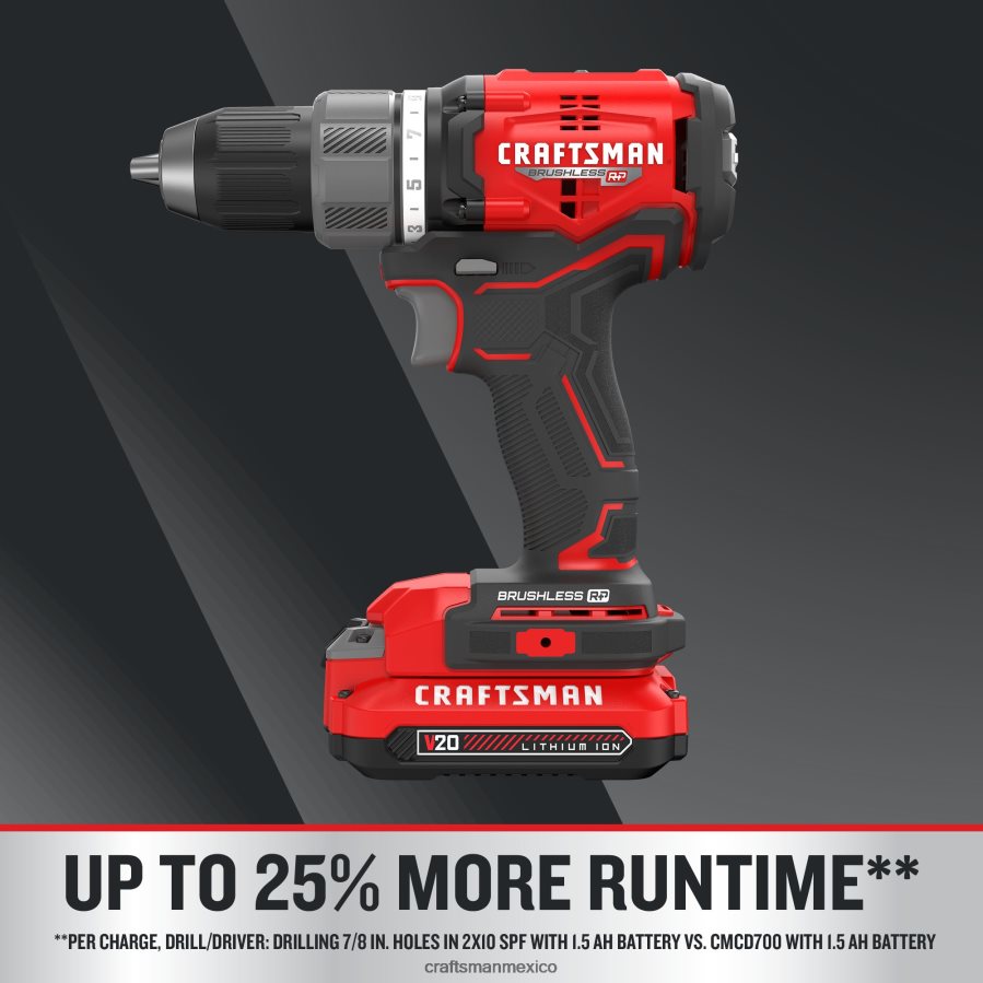 Herramientas eléctricas mx CRAFTSMAN Taladro inalámbrico sin escobillas v20 rp de 20 voltios máx. de 1/2 pulgada (2 baterías incluidas, cargador incluido y bolsa blanda incluida) V6B4N213
