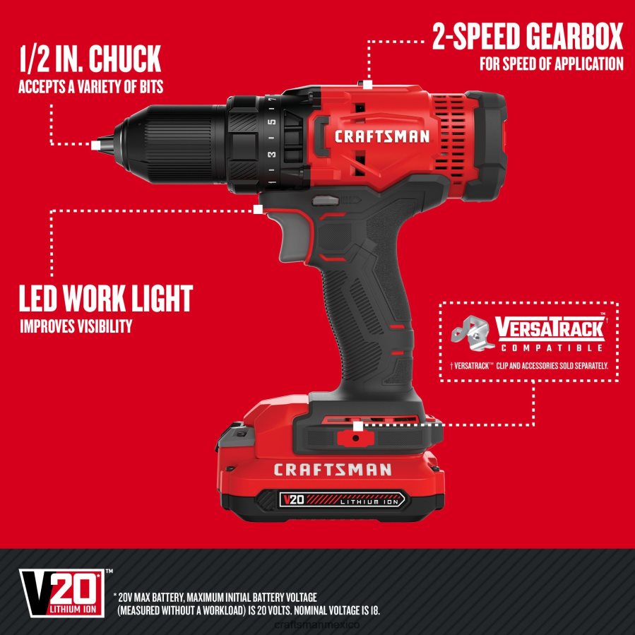 Herramientas eléctricas mx CRAFTSMAN Taladro inalámbrico v20 de 20 voltios máx. de 1/2 pulgada (1 batería incluida, cargador incluido) V6B4N2148