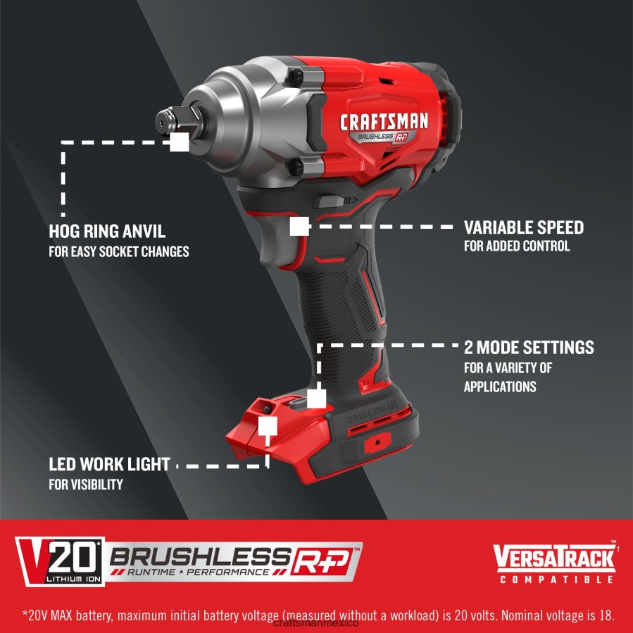 Herramientas eléctricas mx CRAFTSMAN Llave de impacto inalámbrica con accionamiento de 1/2 pulgada, sin escobillas, de velocidad variable máxima de 20 voltios (herramienta básica) V6B4N27
