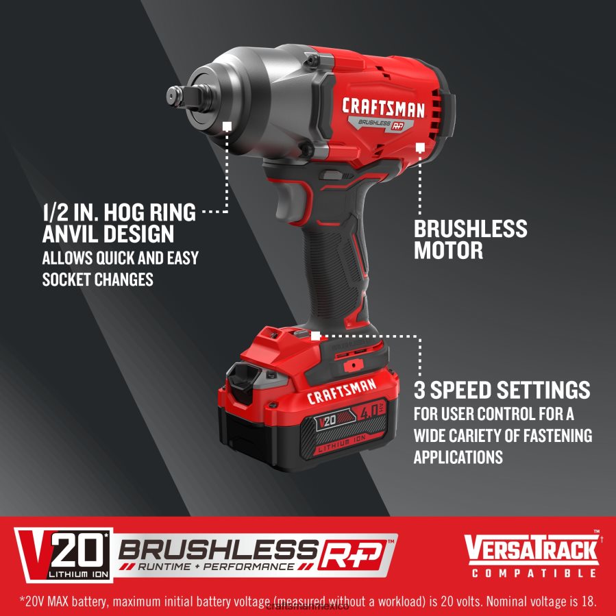 Herramientas eléctricas mx CRAFTSMAN Llave de impacto inalámbrica con accionamiento de 1/2 pulgada, sin escobillas, de velocidad variable máxima de 4 amperios y 20 voltios (batería incluida) V6B4N231