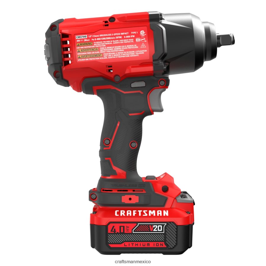 Herramientas eléctricas mx CRAFTSMAN Llave de impacto inalámbrica con accionamiento de 1/2 pulgada, sin escobillas, de velocidad variable máxima de 4 amperios y 20 voltios (batería incluida) V6B4N231