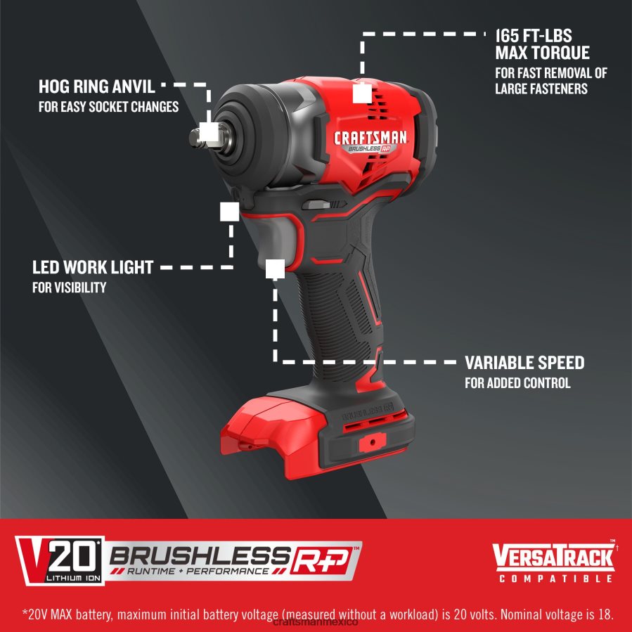 Herramientas eléctricas mx CRAFTSMAN v20 rp Llave de impacto inalámbrica con accionamiento de 3/8 pulgadas, velocidad variable máxima, sin escobillas, 20 voltios (herramienta básica) V6B4N227