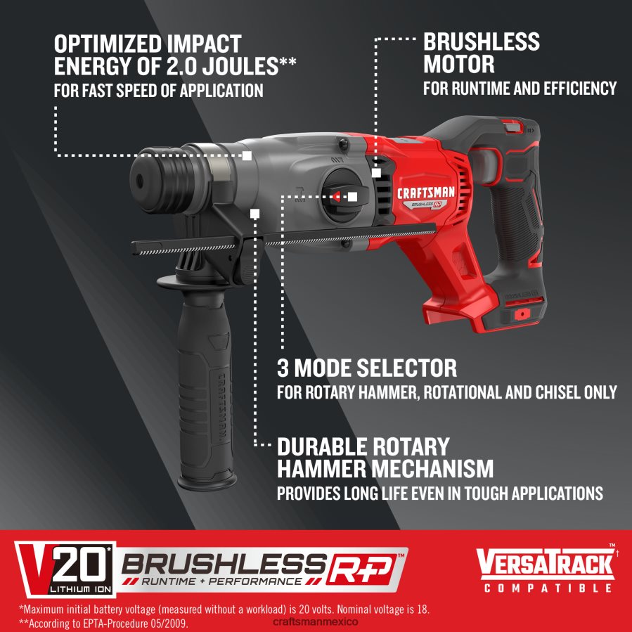 Herramientas eléctricas mx CRAFTSMAN Taladro percutor inalámbrico de velocidad variable v20 rp, 20 voltios máx., 1 pulgada, sds-plus (herramienta básica) V6B4N2108