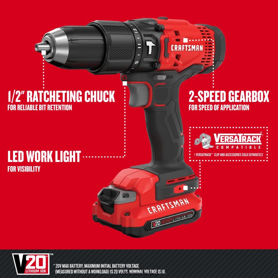 Herramientas eléctricas mx CRAFTSMAN Taladro percutor inalámbrico de velocidad variable y amperaje máximo de 20 voltios y 1/2 pulgada (2 baterías incluidas) V6B4N2163