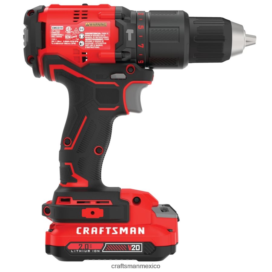 Herramientas eléctricas mx CRAFTSMAN v20 Taladro percutor inalámbrico sin escobillas de velocidad variable y 20 voltios de amperaje máximo de 1/2 pulgada (2 baterías incluidas) V6B4N2167