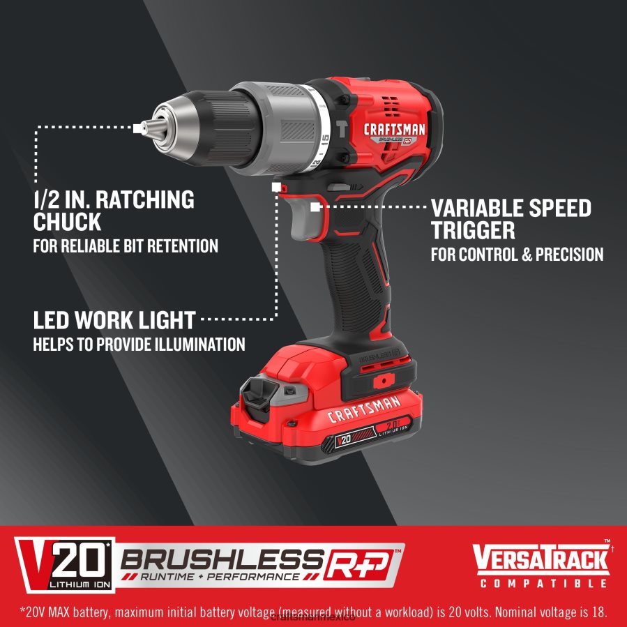 Herramientas eléctricas mx CRAFTSMAN v20 rp Taladro percutor inalámbrico híbrido sin escobillas, velocidad variable, 1/2 pulg., 20 voltios de amperaje máximo (2 baterías incluidas) V6B4N2171